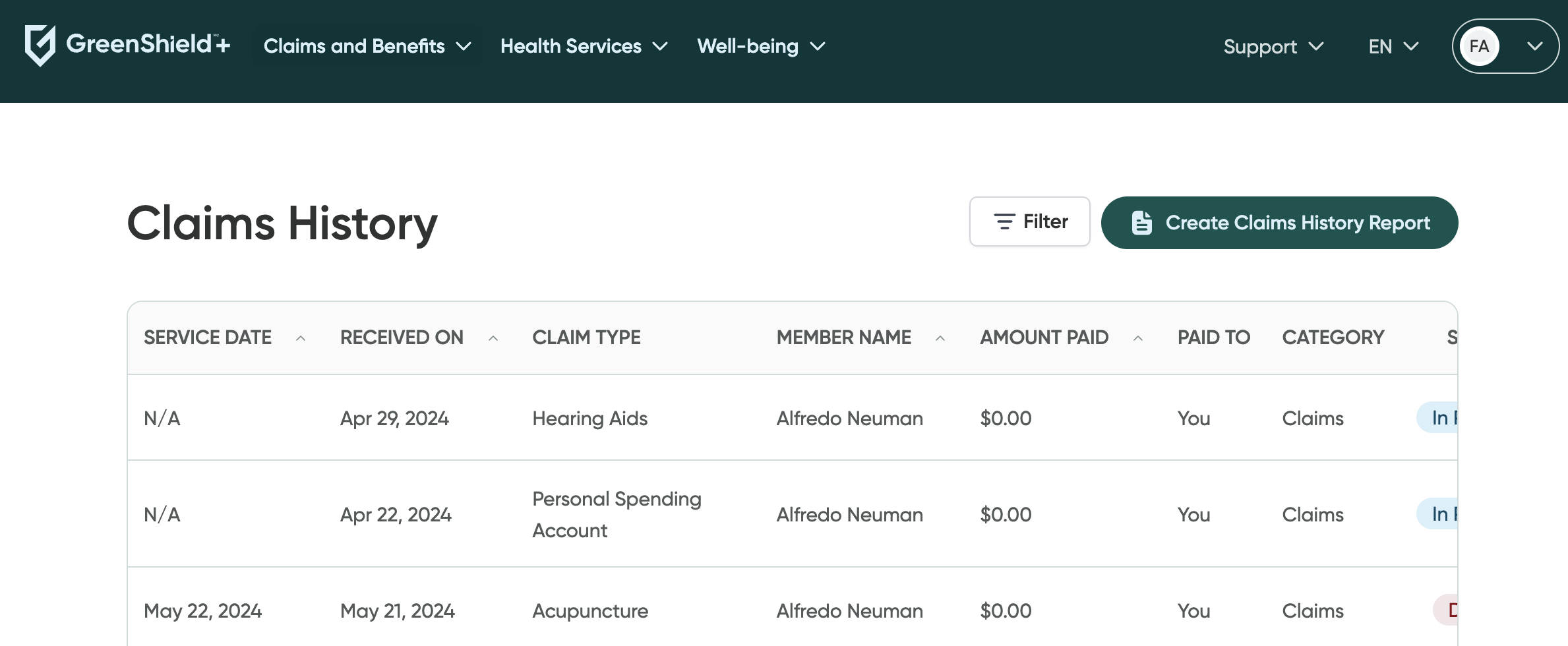 The Claims History page