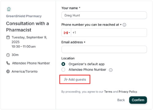 The Add guests button on the appointment booking confirmation screen.