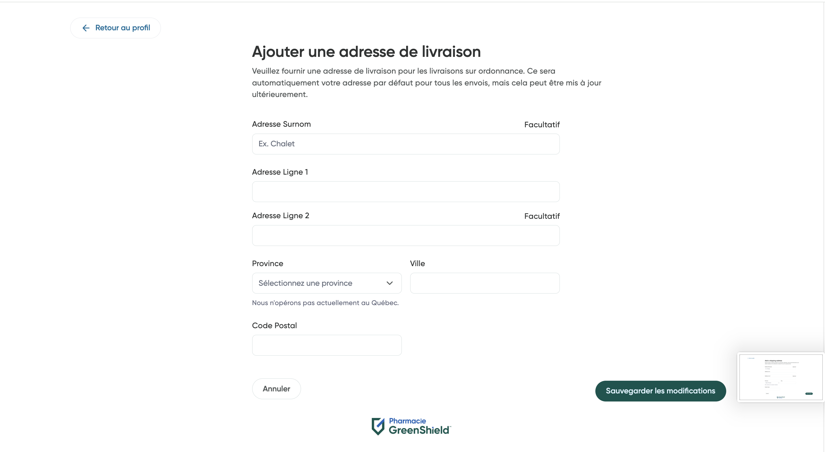 Écran d’ajout d’une adresse de livraison.